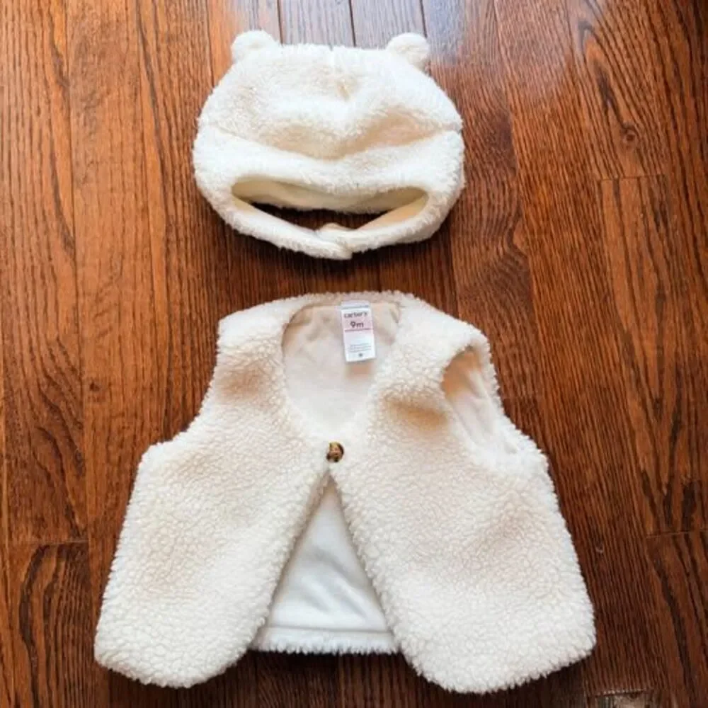 Carter's Teddy Bear Sherpa Vest Hat Set 9M Neutral Baby Outfit
